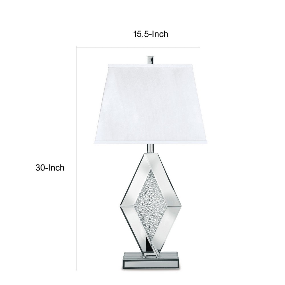Benjara 30 Inch Table Lamp, Mirrored Crystal Accent Geometric Base, Chrome, White