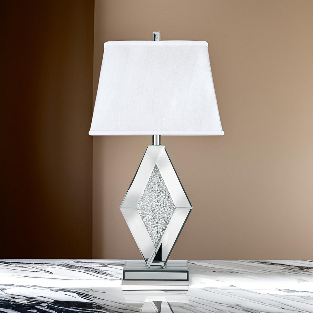 Benjara 30 Inch Table Lamp, Mirrored Crystal Accent Geometric Base, Chrome, White