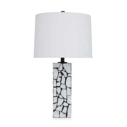 Benjara 28 Inch Table Lamp, Drum Shade, Black And White Mosaic Marble Art Resin