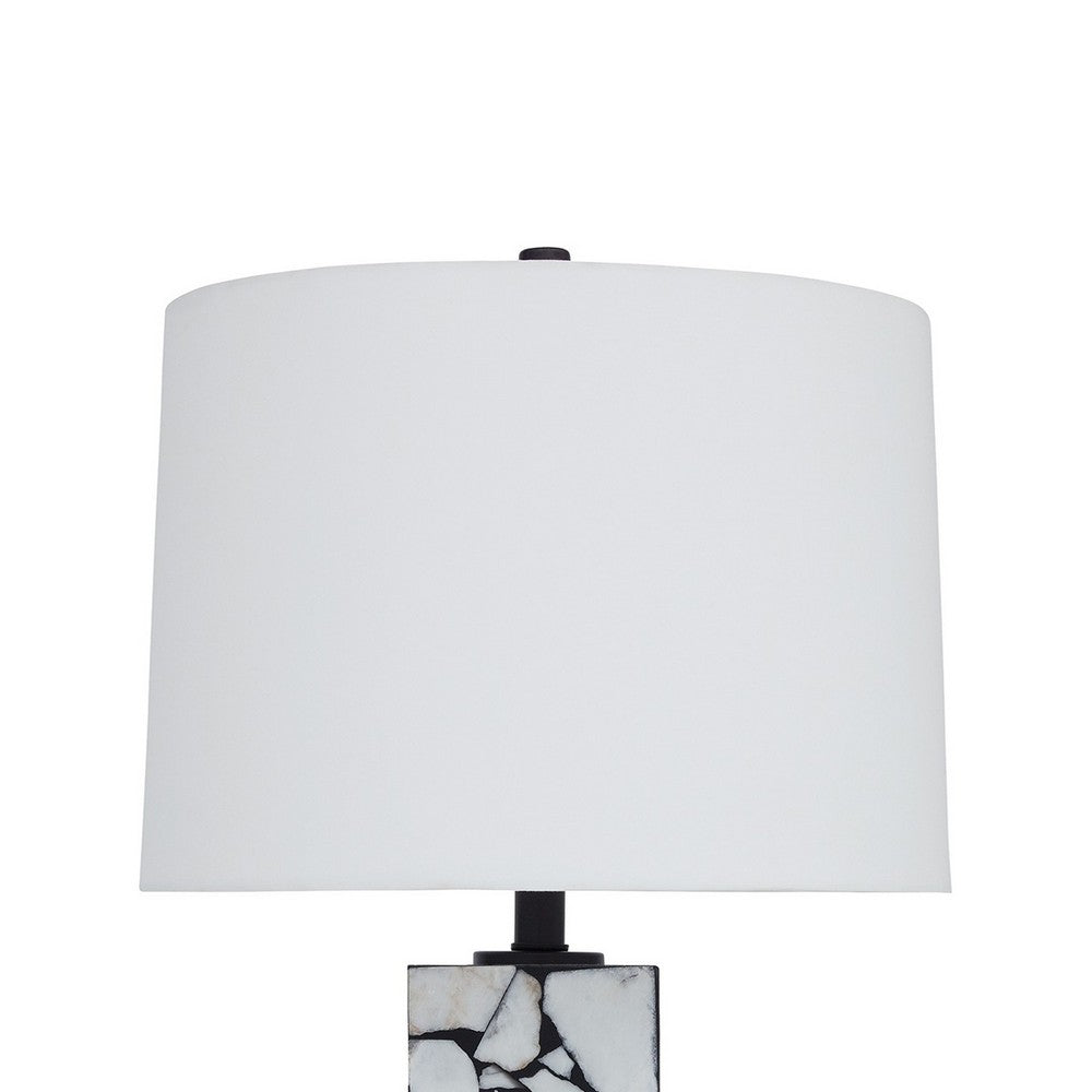 Benjara 28 Inch Table Lamp, Drum Shade, Black And White Mosaic Marble Art Resin