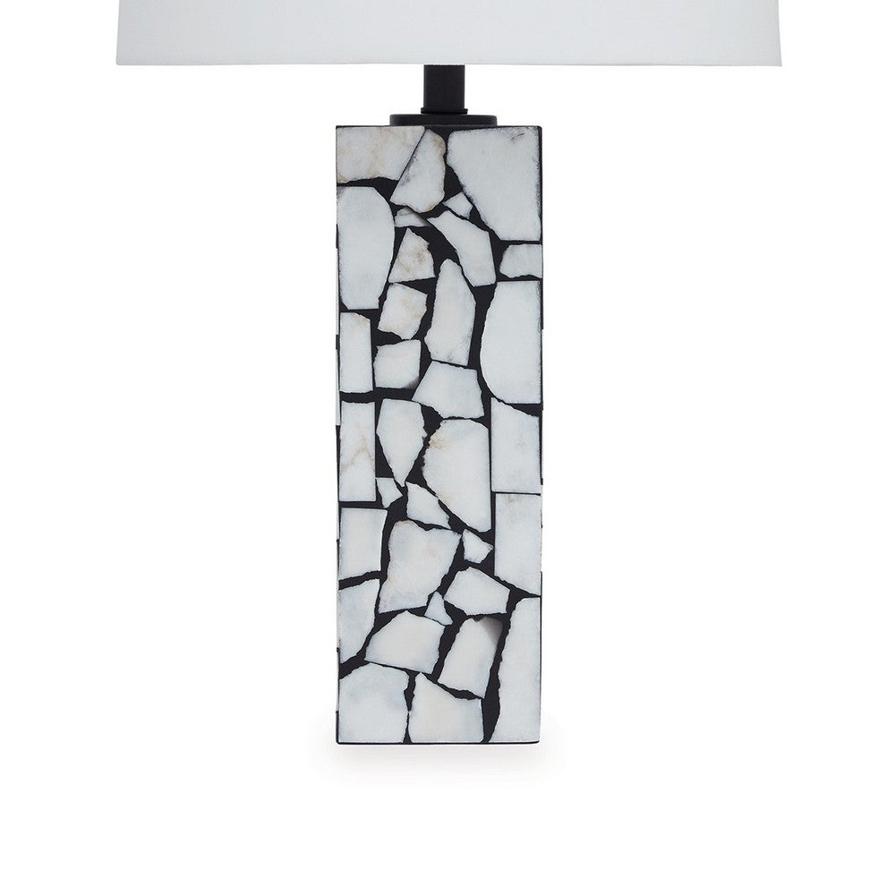 Benjara 28 Inch Table Lamp, Drum Shade, Black And White Mosaic Marble Art Resin
