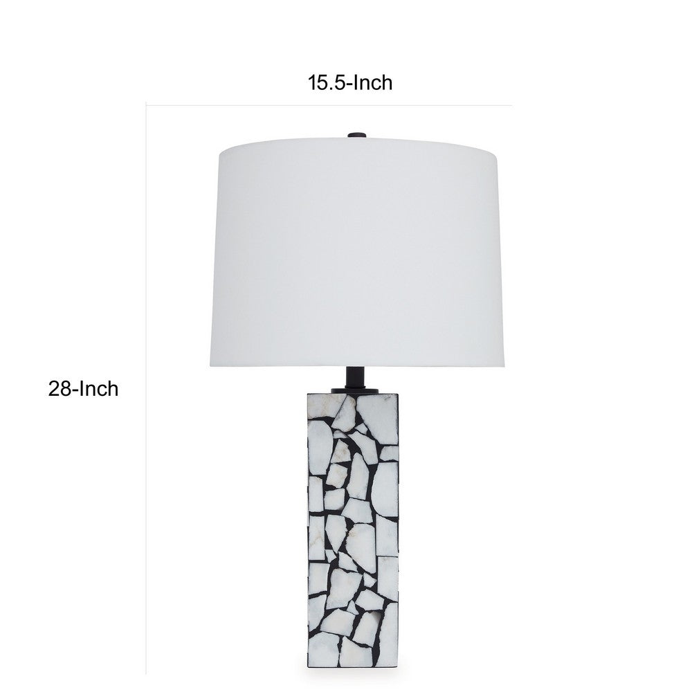 Benjara 28 Inch Table Lamp, Drum Shade, Black And White Mosaic Marble Art Resin