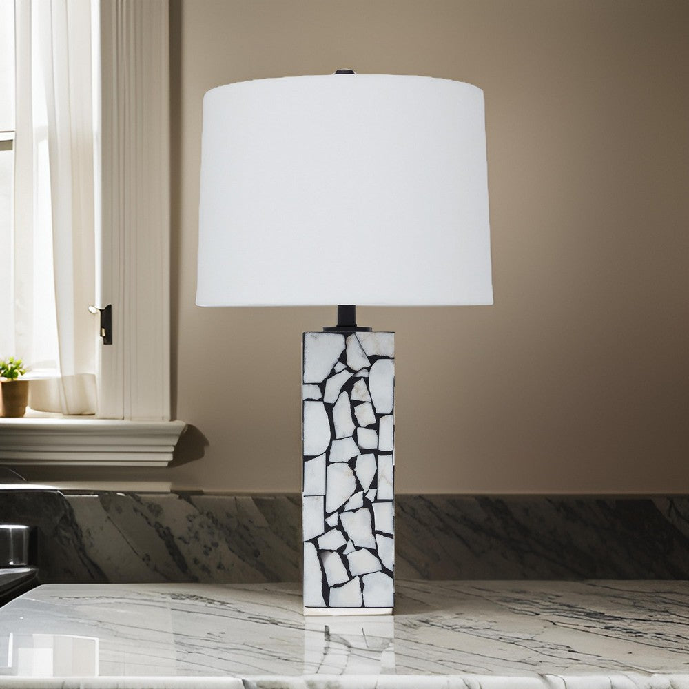 Benjara 28 Inch Table Lamp, Drum Shade, Black And White Mosaic Marble Art Resin