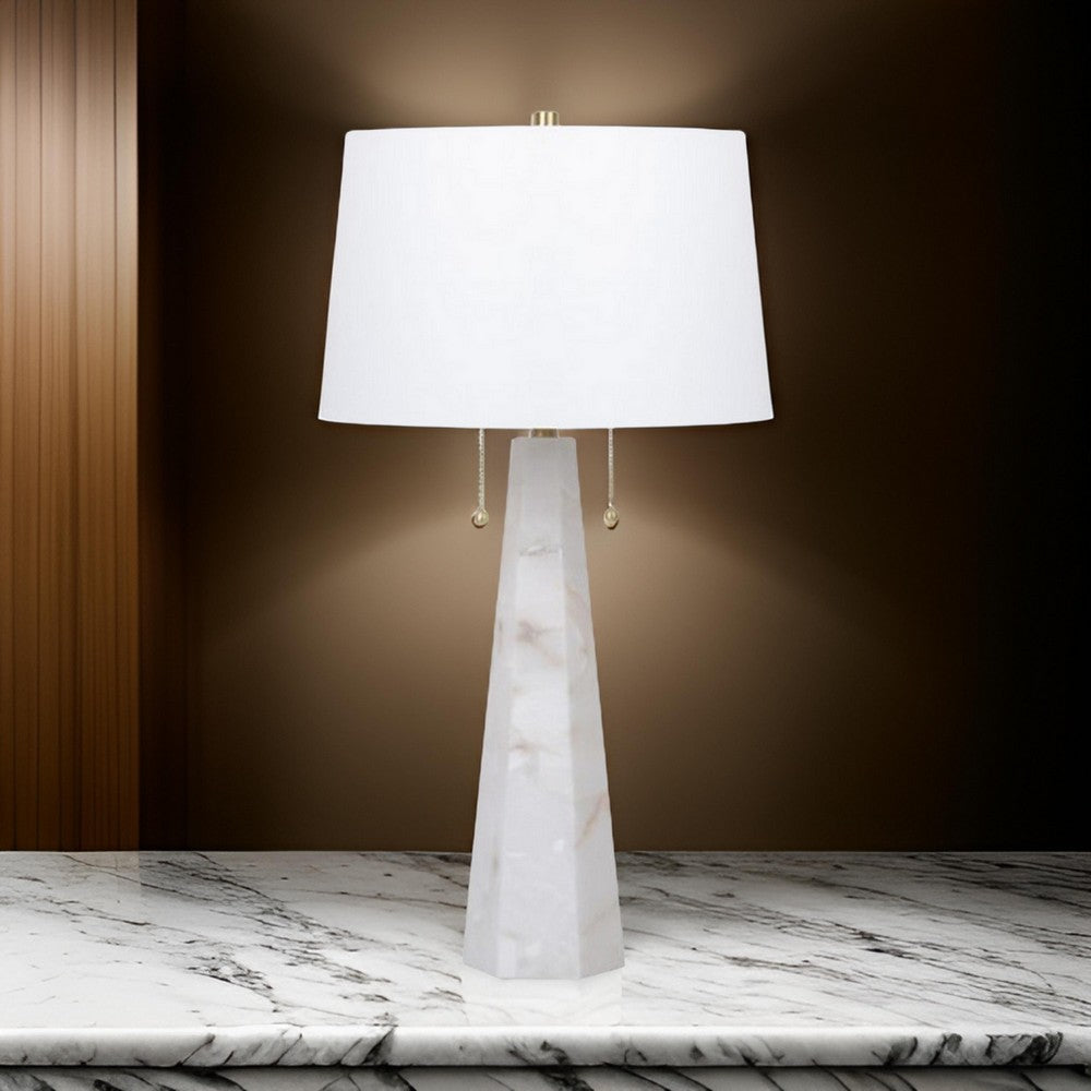 Benjara 32 Inch Table Lamp, White Drum Shade, Double Pull Chain, Tapered Cone Base