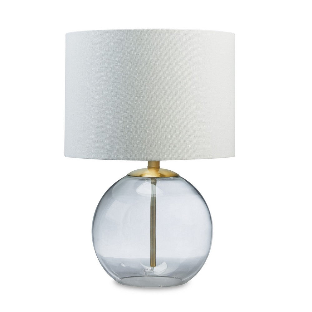 Benjara 21 Inch Table Lamp, White Drum Shade, Round Clear Glass Base, Brass Metal