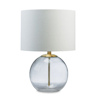 Benjara 21 Inch Table Lamp, White Drum Shade, Round Clear Glass Base, Brass Metal