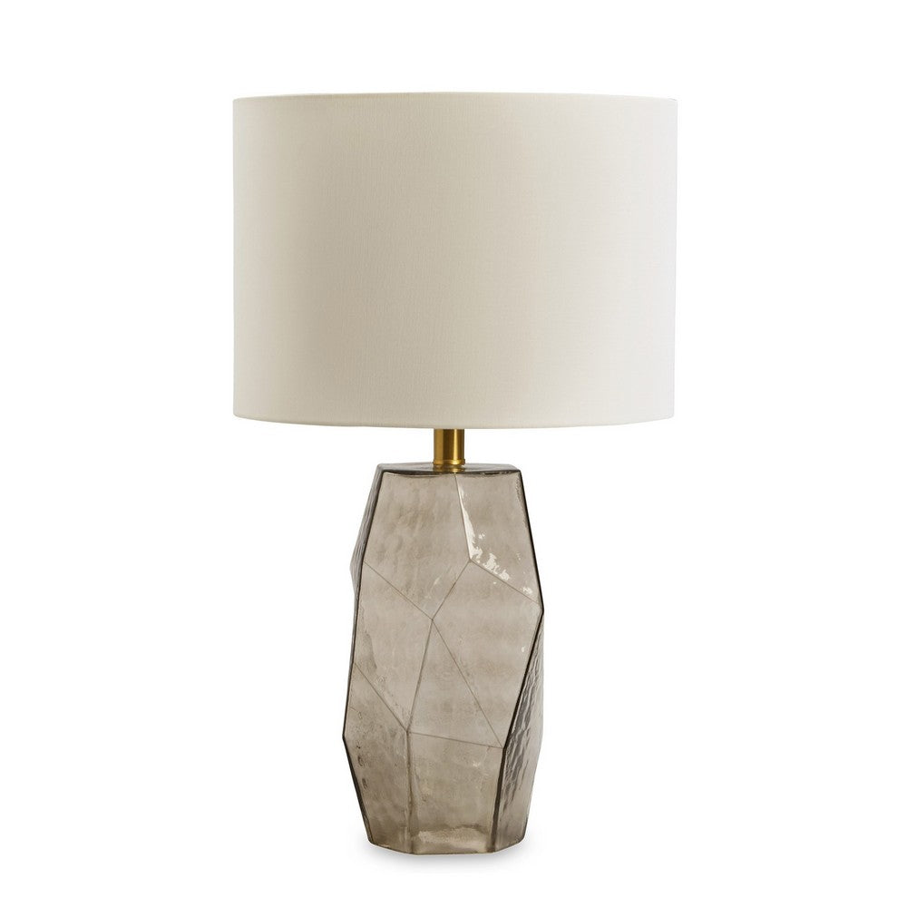 Benjara 24 Inch Table Lamp, Hexagonal Textured Glass Base, Drum Shade, Gray