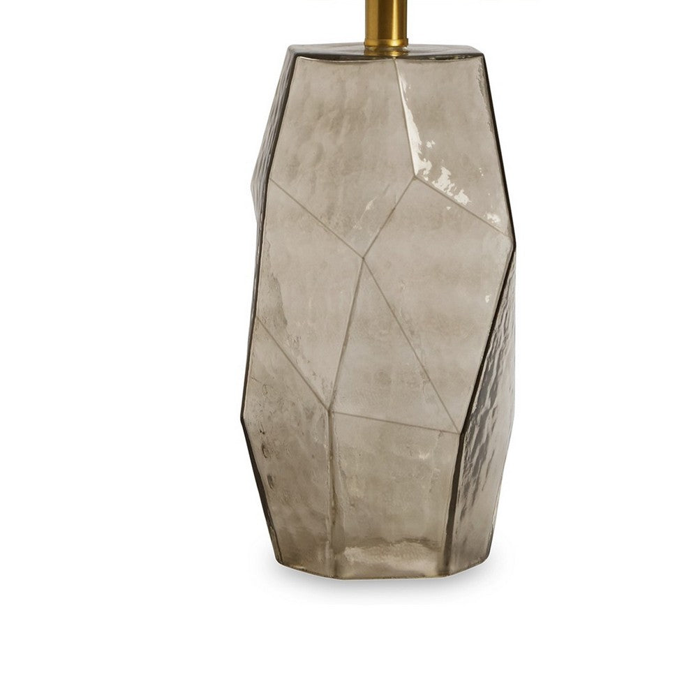 Benjara 24 Inch Table Lamp, Hexagonal Textured Glass Base, Drum Shade, Gray
