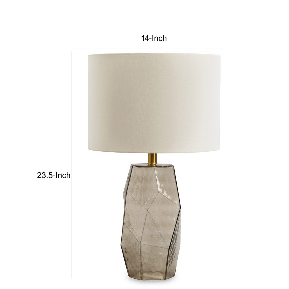 Benjara 24 Inch Table Lamp, Hexagonal Textured Glass Base, Drum Shade, Gray