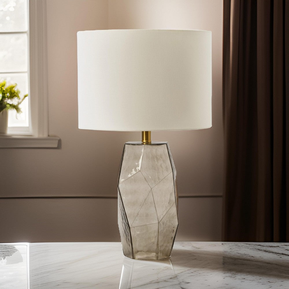 Benjara 24 Inch Table Lamp, Hexagonal Textured Glass Base, Drum Shade, Gray