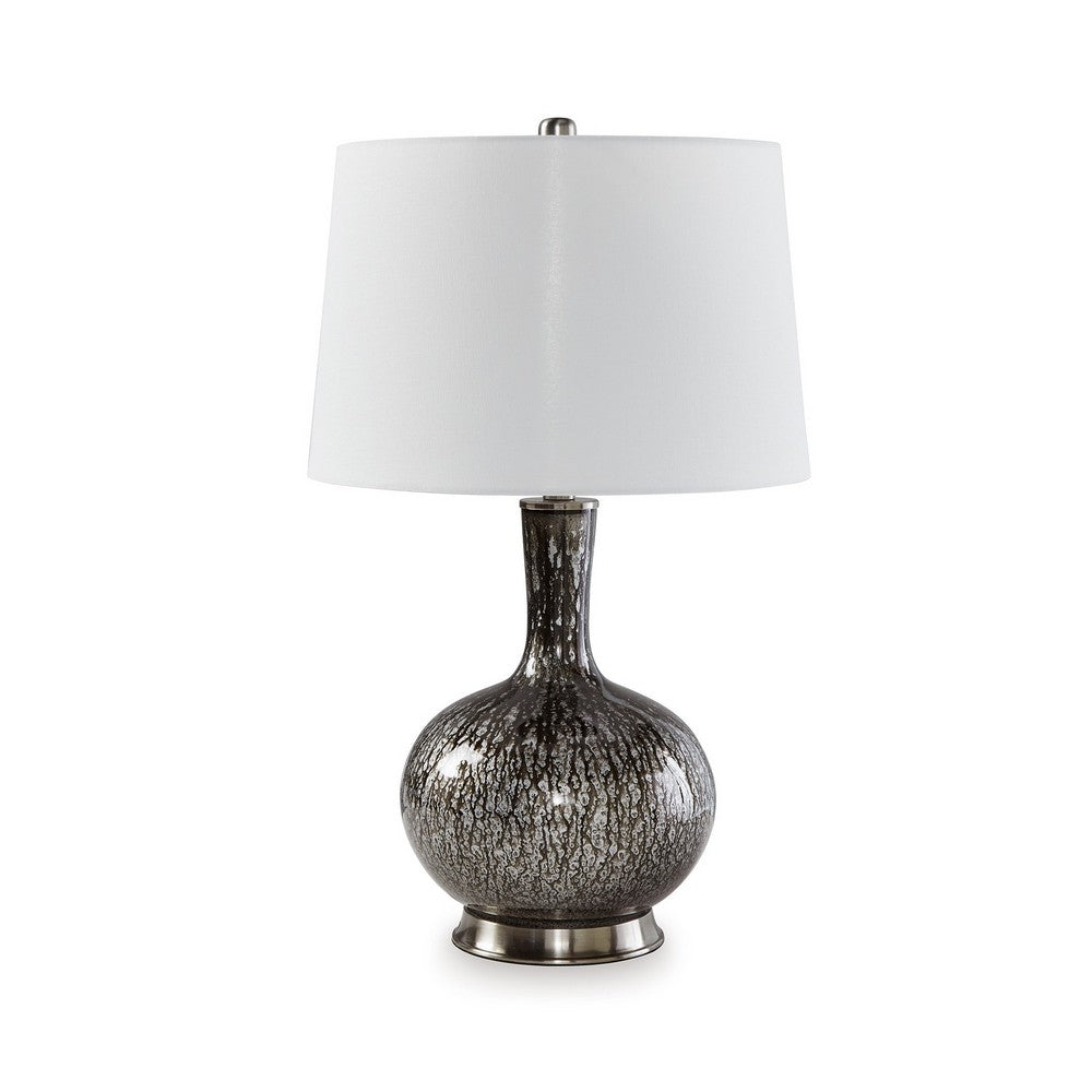 Benjara 26 Inch Table Lamp, Tall Black Round Glass Base, White Drum Fabric Shade