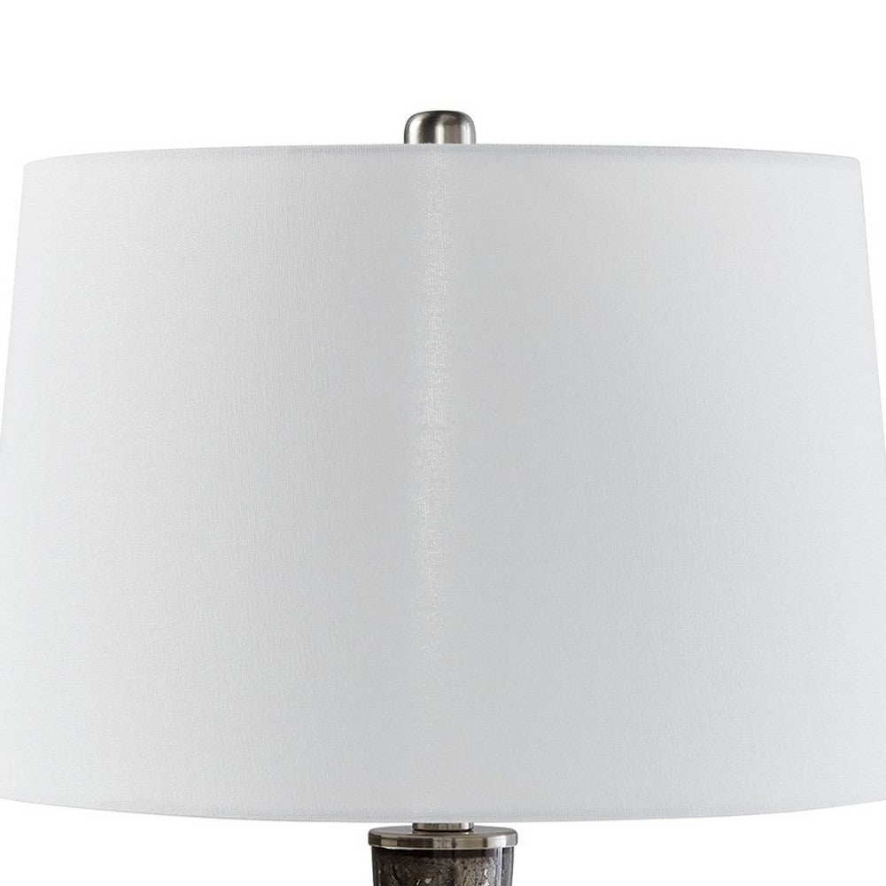 Benjara 26 Inch Table Lamp, Tall Black Round Glass Base, White Drum Fabric Shade