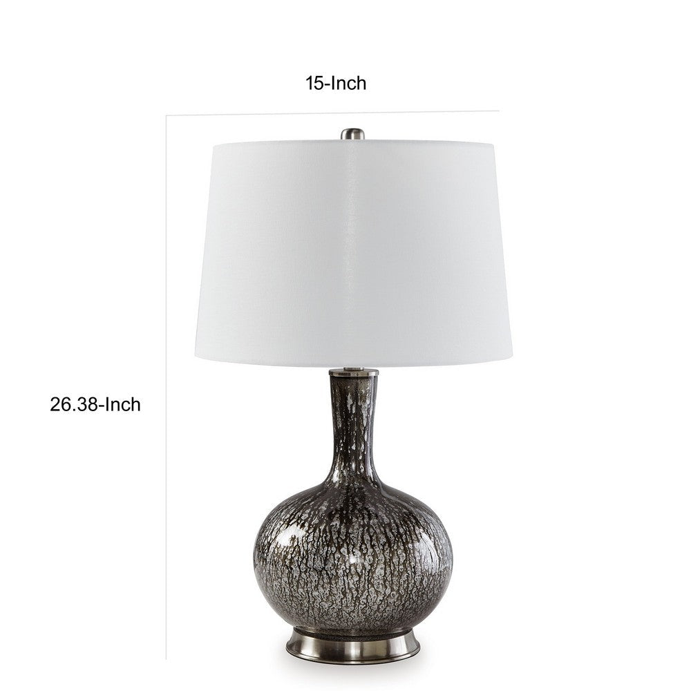 Benjara 26 Inch Table Lamp, Tall Black Round Glass Base, White Drum Fabric Shade
