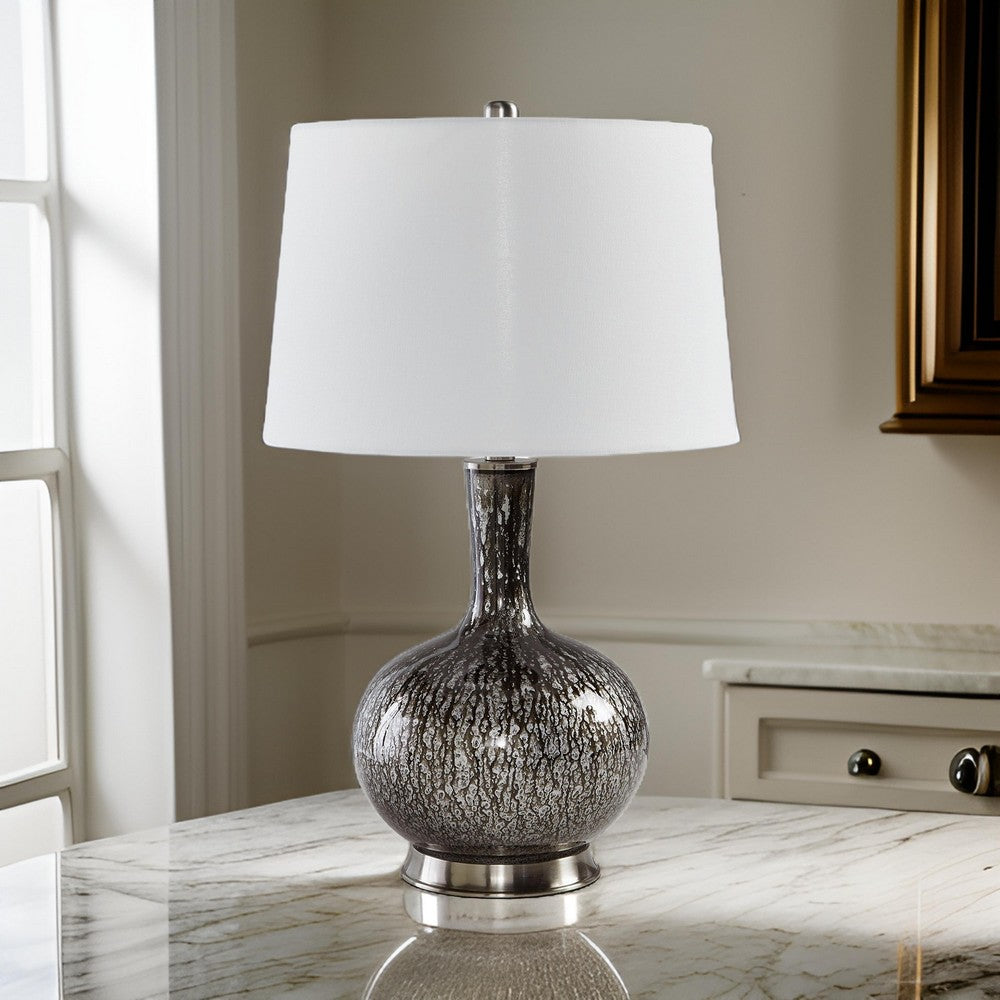 Benjara 26 Inch Table Lamp, Tall Black Round Glass Base, White Drum Fabric Shade