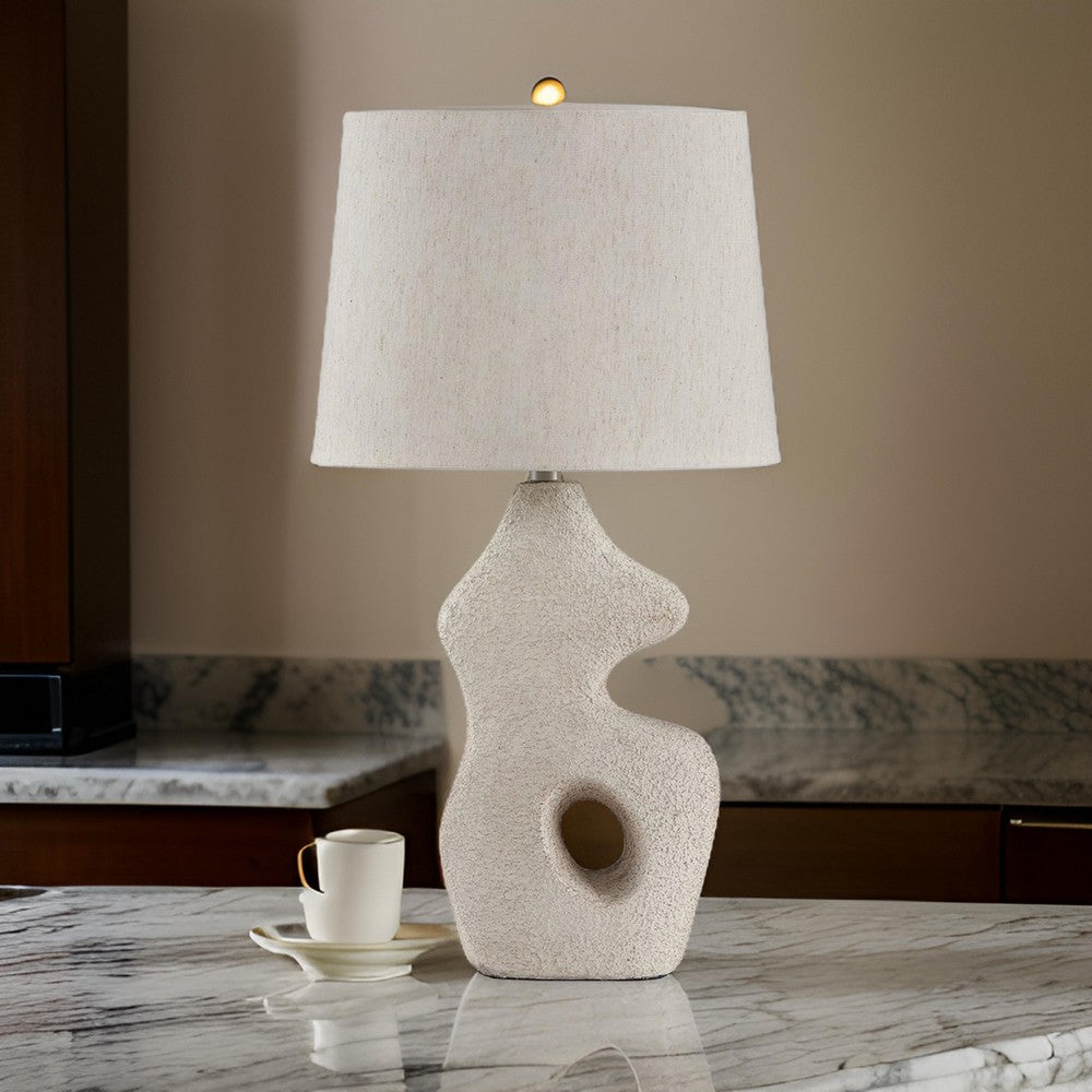 Benjara 26 Inch Table Lamp Set of 2, Beige Sculptural Base, Empire Fabric Shade