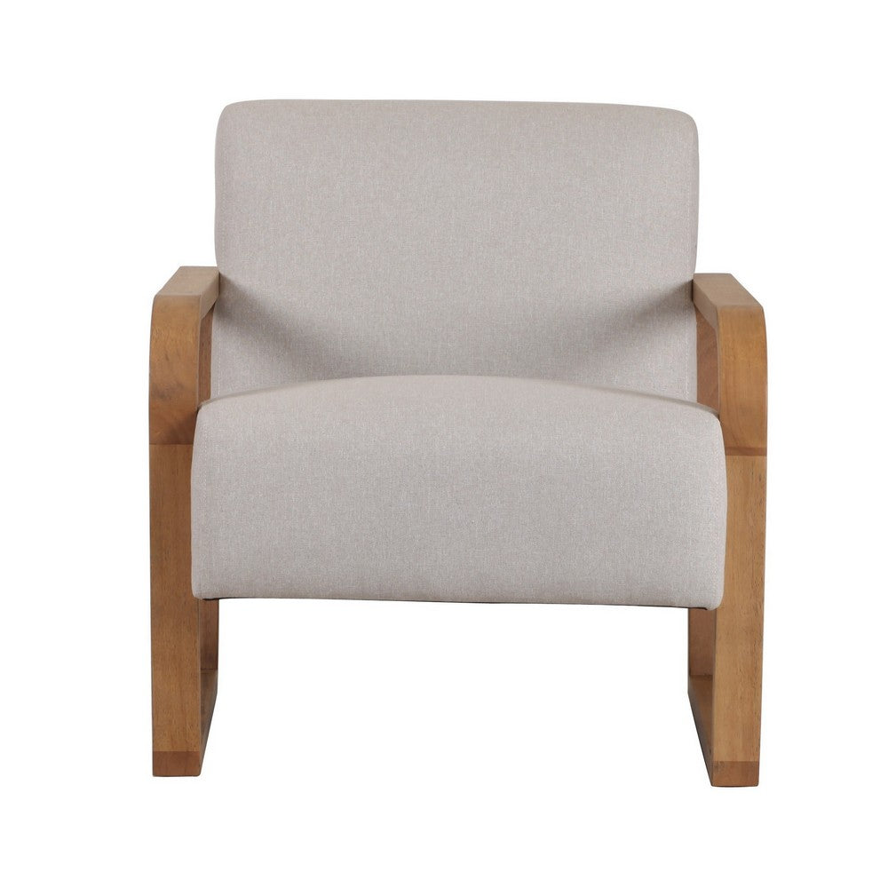 Benjara 27 Inch Accent Chair, Cushioned Seat And Back, Beige Linen, Brown Wood