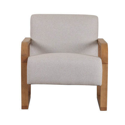 Benjara 27 Inch Accent Chair, Cushioned Seat And Back, Beige Linen, Brown Wood