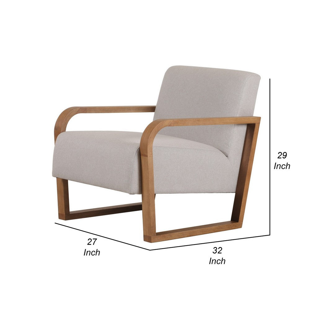 Benjara 27 Inch Accent Chair, Cushioned Seat And Back, Beige Linen, Brown Wood