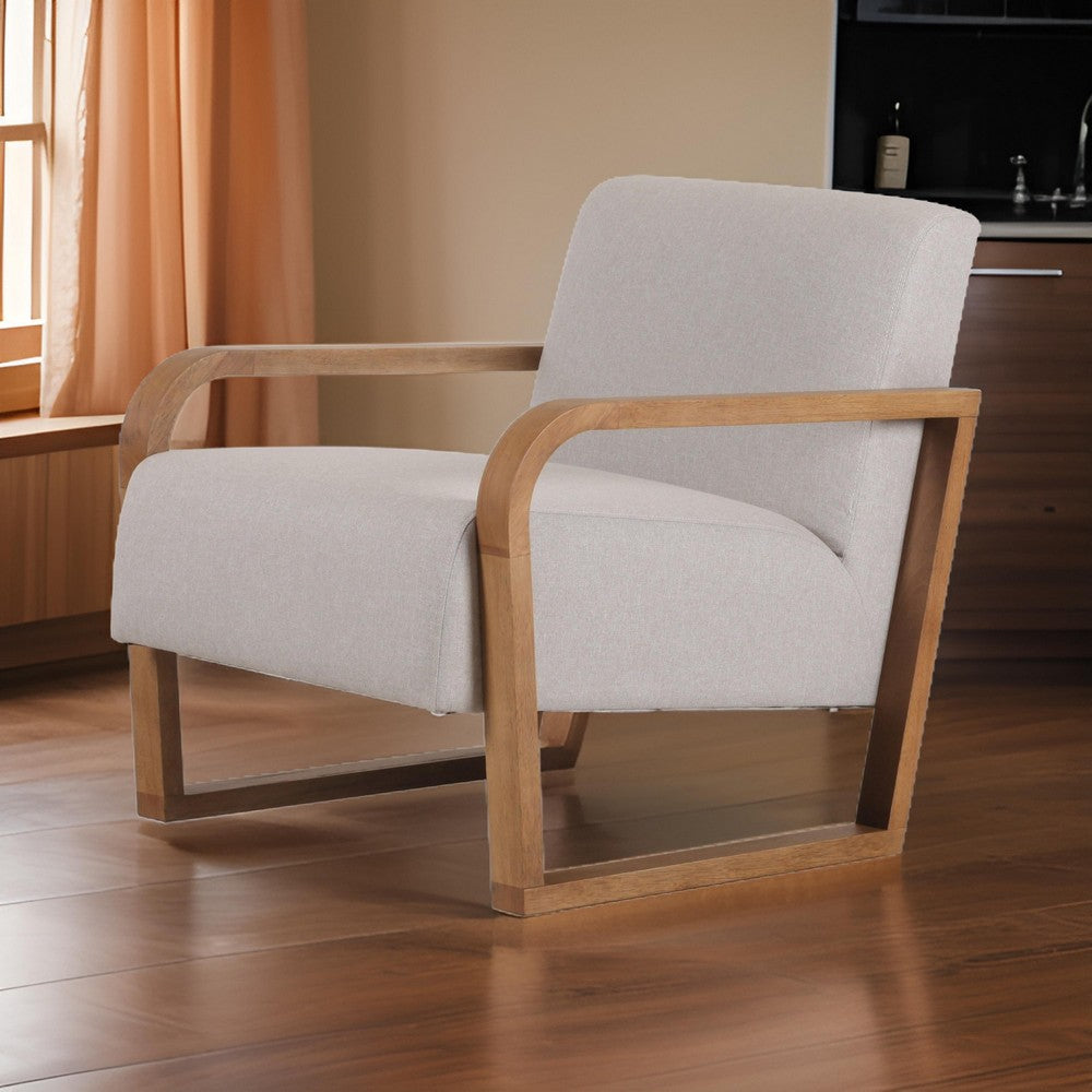 Benjara 27 Inch Accent Chair, Cushioned Seat And Back, Beige Linen, Brown Wood