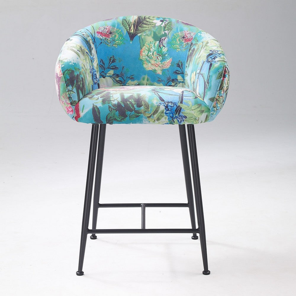 Benjara 26 Inch Counter Stool Chair, Botanical Floral Print Blue Velvet, Black Legs