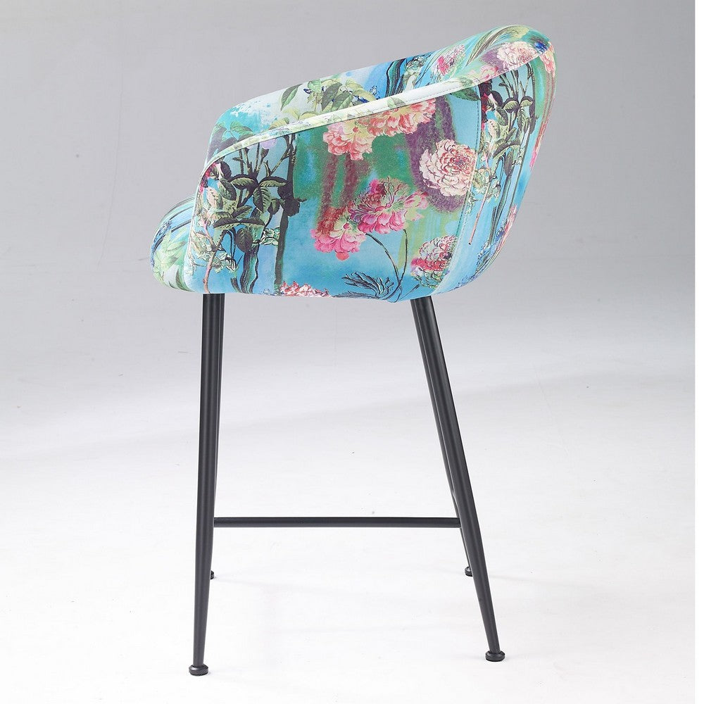 Benjara 26 Inch Counter Stool Chair, Botanical Floral Print Blue Velvet, Black Legs