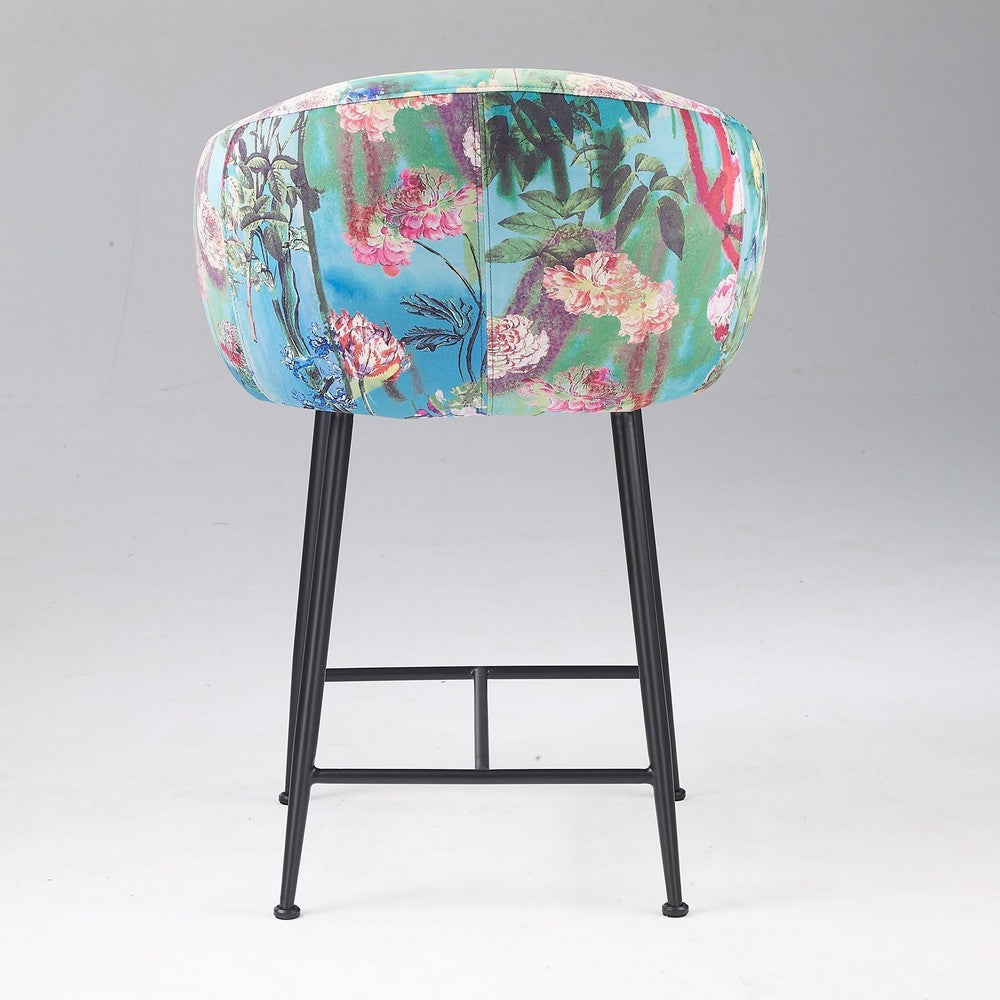 Benjara 26 Inch Counter Stool Chair, Botanical Floral Print Blue Velvet, Black Legs