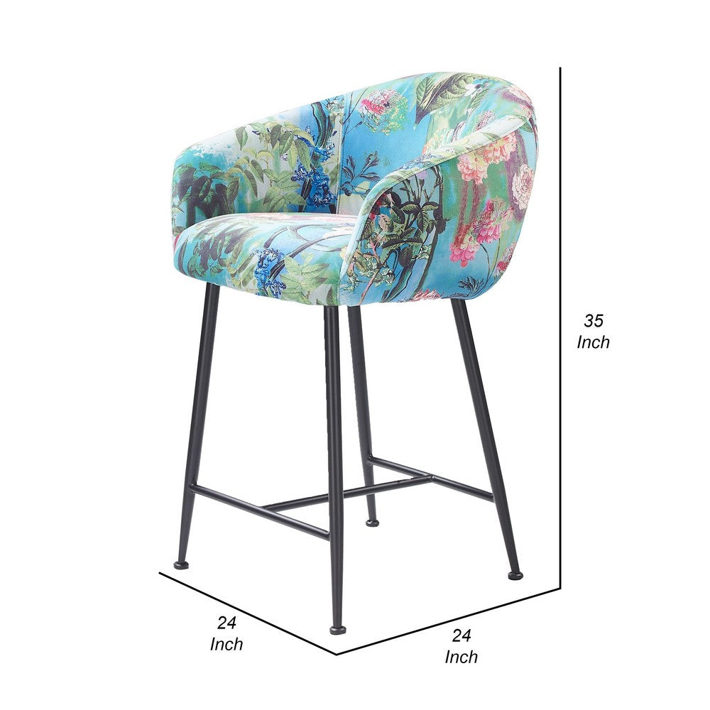Benjara 26 Inch Counter Stool Chair, Botanical Floral Print Blue Velvet, Black Legs