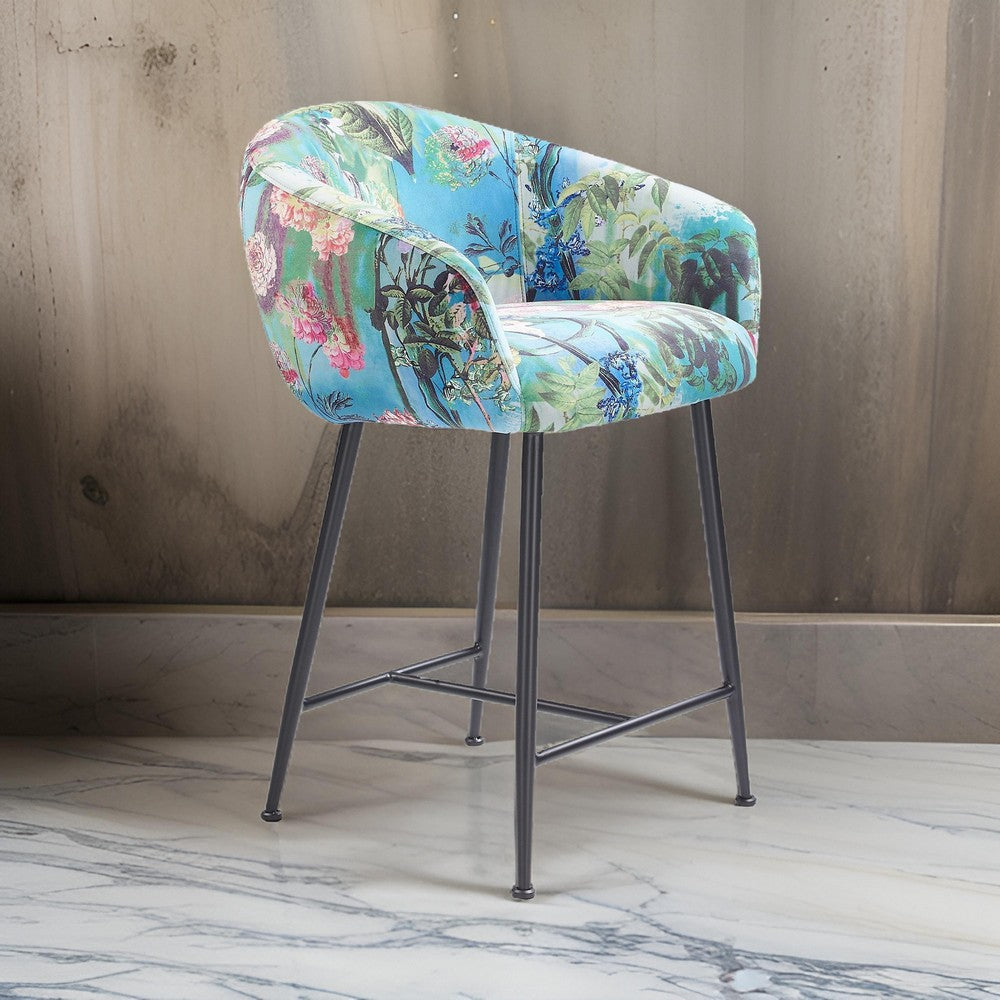 Benjara 26 Inch Counter Stool Chair, Botanical Floral Print Blue Velvet, Black Legs