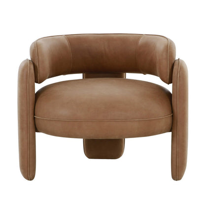 Benjara 34 Inch Accent Chair, Barrel Low Profile Design, Brown Genuine Leather