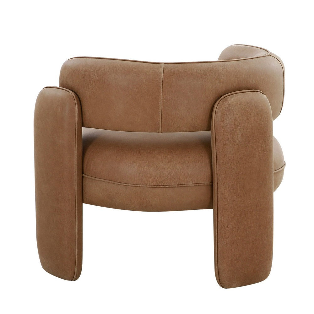Benjara 34 Inch Accent Chair, Barrel Low Profile Design, Brown Genuine Leather
