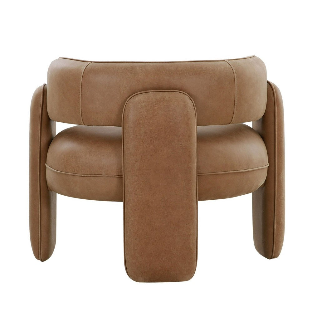 Benjara 34 Inch Accent Chair, Barrel Low Profile Design, Brown Genuine Leather