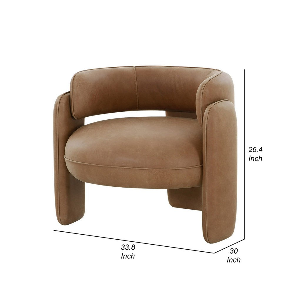 Benjara 34 Inch Accent Chair, Barrel Low Profile Design, Brown Genuine Leather