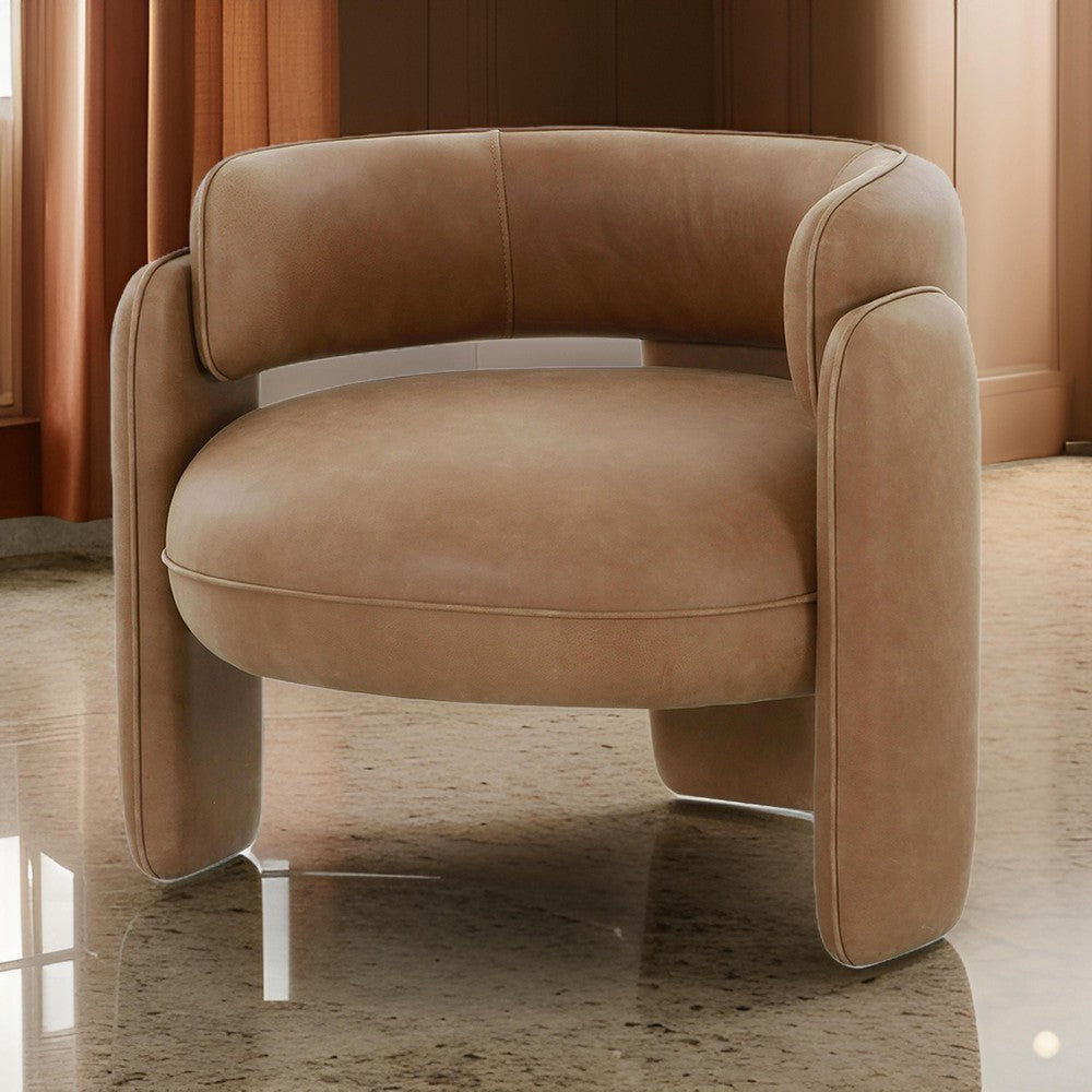 Benjara 34 Inch Accent Chair, Barrel Low Profile Design, Brown Genuine Leather