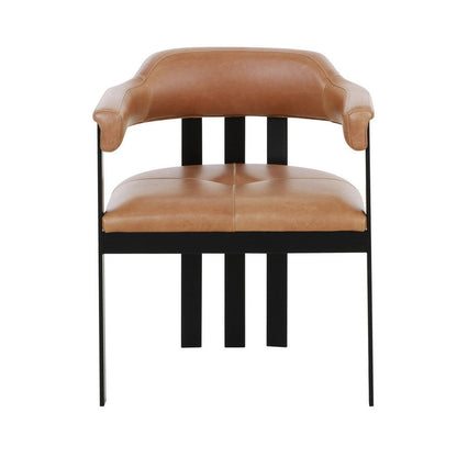 Benjara Anta Dining Chair, Black Iron Slatted Back, Plush Brown Genuine Leather