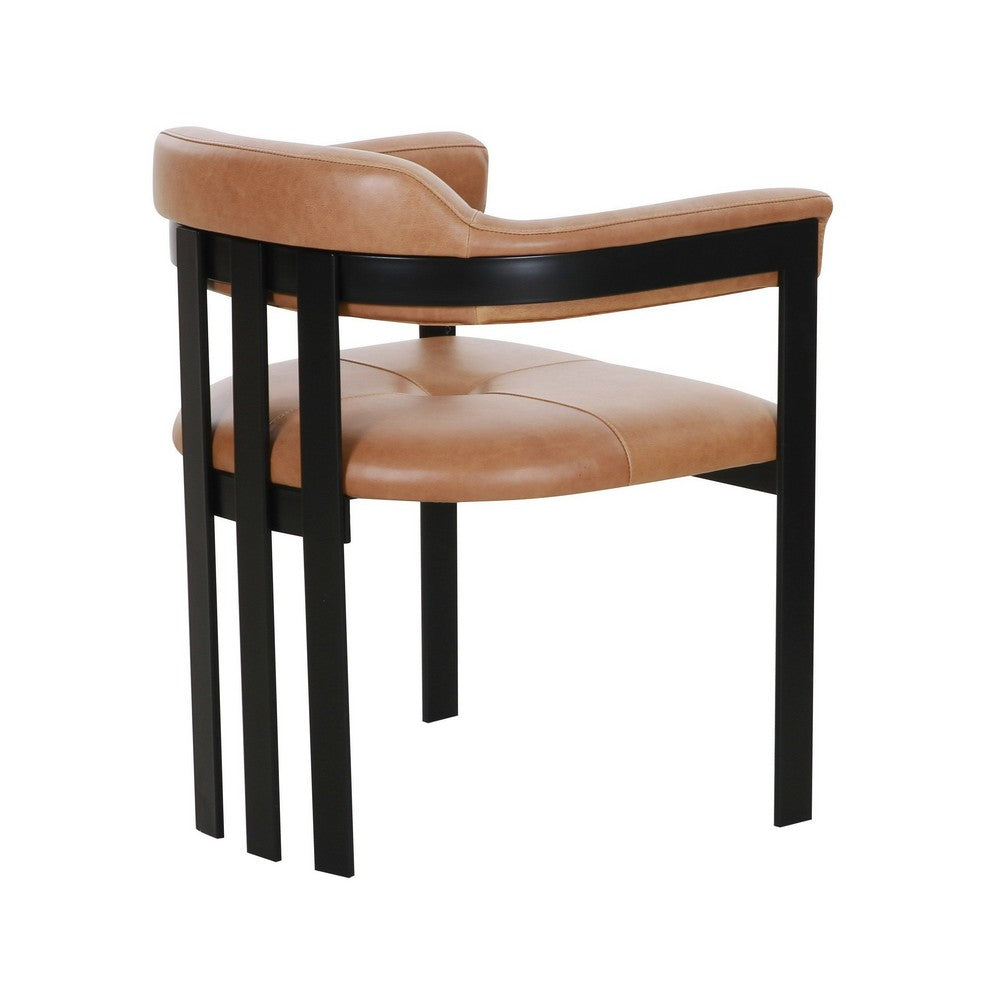 Benjara Anta Dining Chair, Black Iron Slatted Back, Plush Brown Genuine Leather