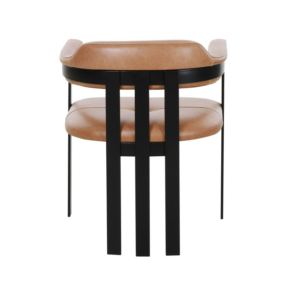 Benjara Anta Dining Chair, Black Iron Slatted Back, Plush Brown Genuine Leather