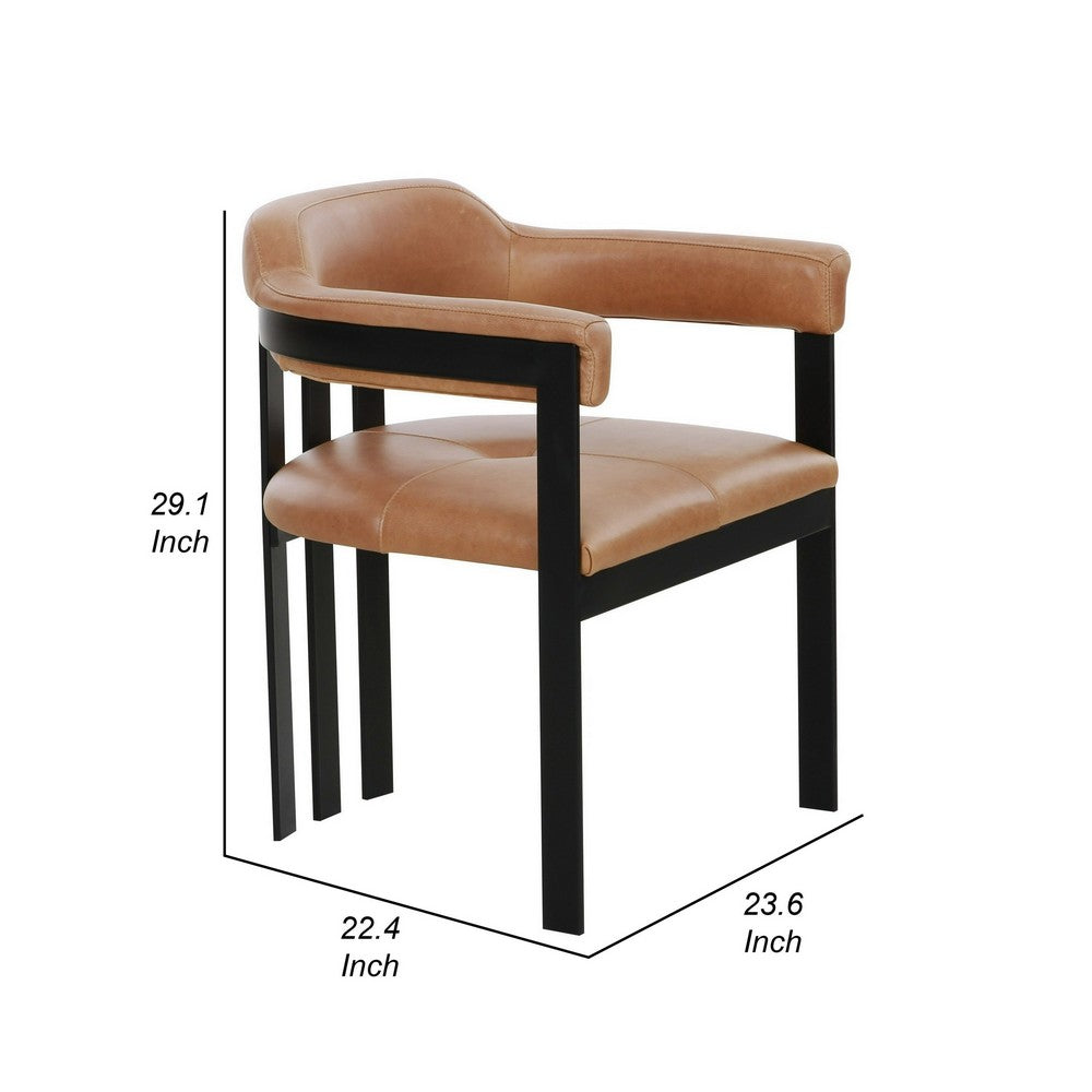 Benjara Anta Dining Chair, Black Iron Slatted Back, Plush Brown Genuine Leather