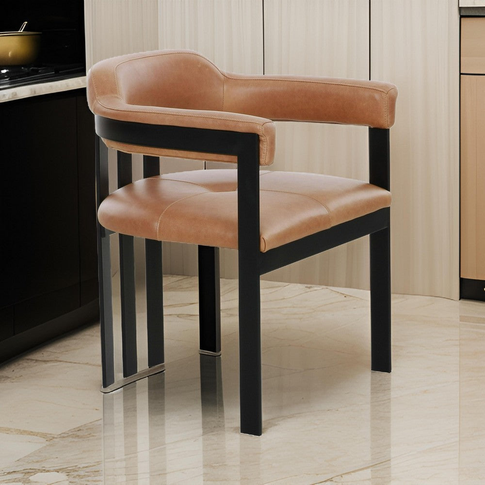 Benjara Anta Dining Chair, Black Iron Slatted Back, Plush Brown Genuine Leather