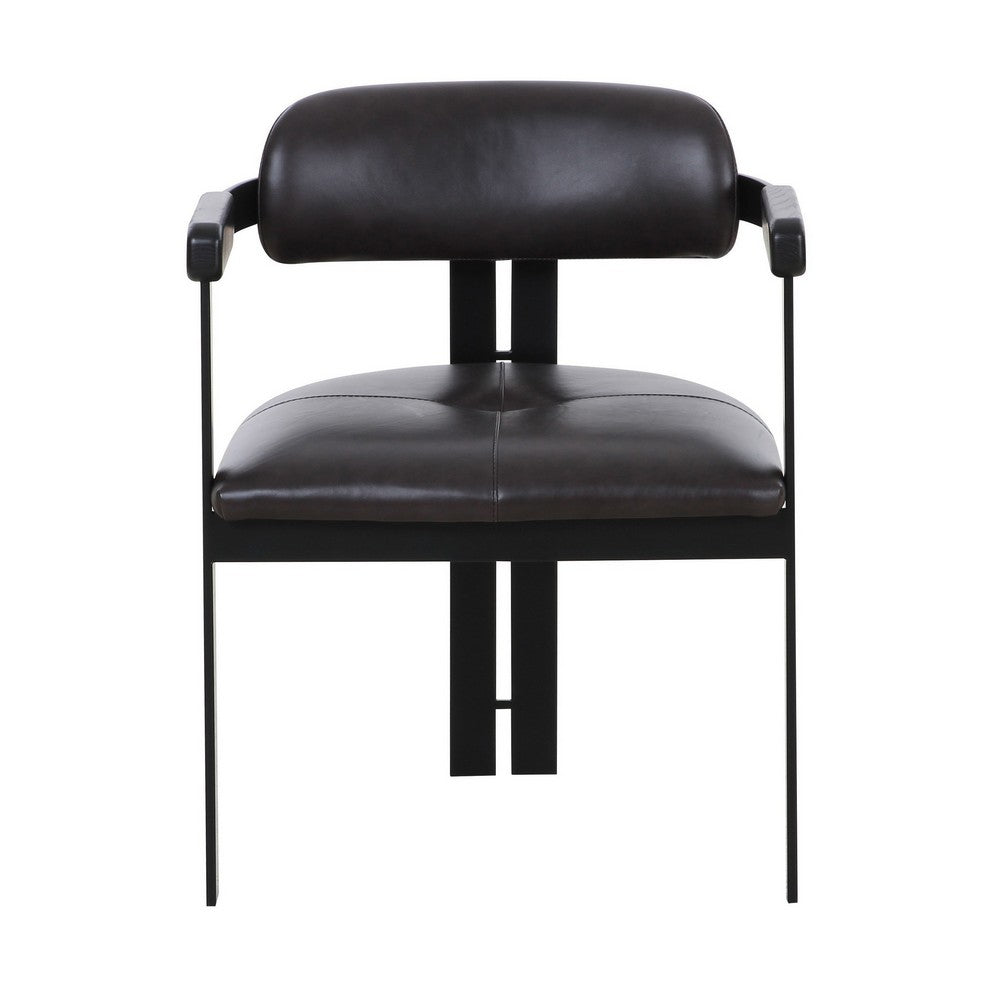 Benjara Anta Dining Chair, Black Iron Slats Back, Dark Brown Genuine Leather