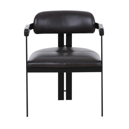 Benjara Anta Dining Chair, Black Iron Slats Back, Dark Brown Genuine Leather