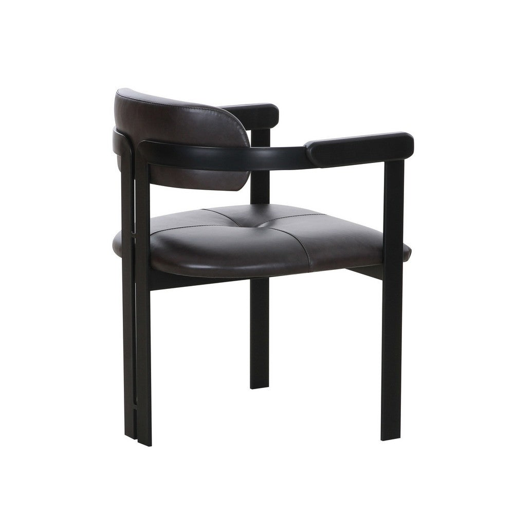 Benjara Anta Dining Chair, Black Iron Slats Back, Dark Brown Genuine Leather