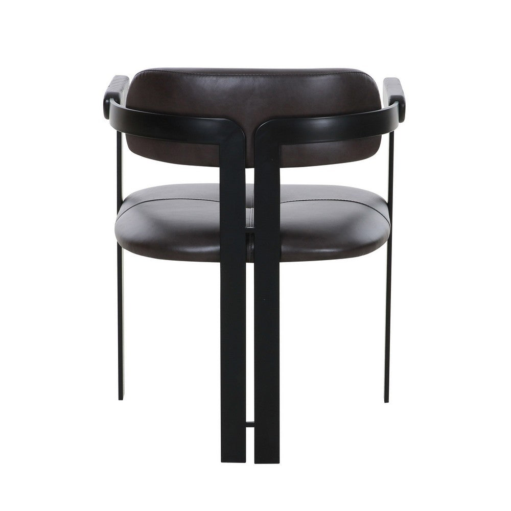 Benjara Anta Dining Chair, Black Iron Slats Back, Dark Brown Genuine Leather