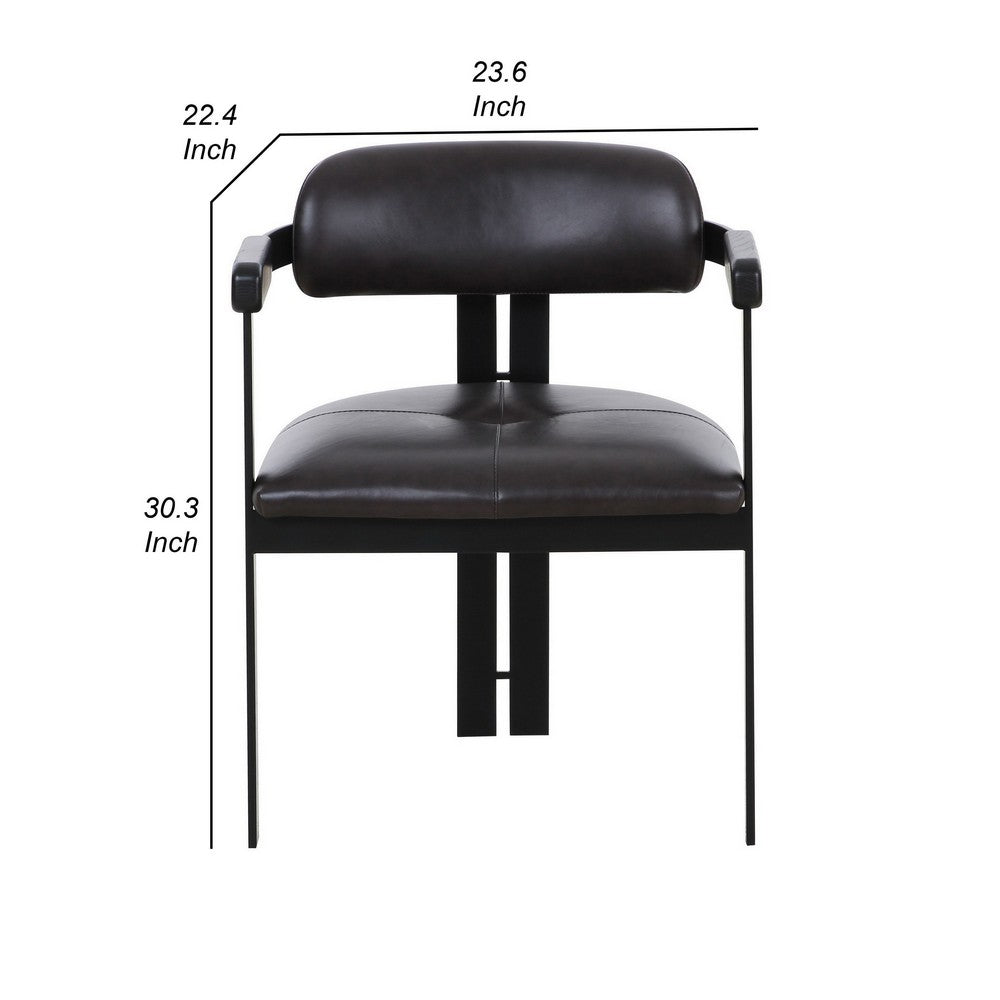 Benjara Anta Dining Chair, Black Iron Slats Back, Dark Brown Genuine Leather