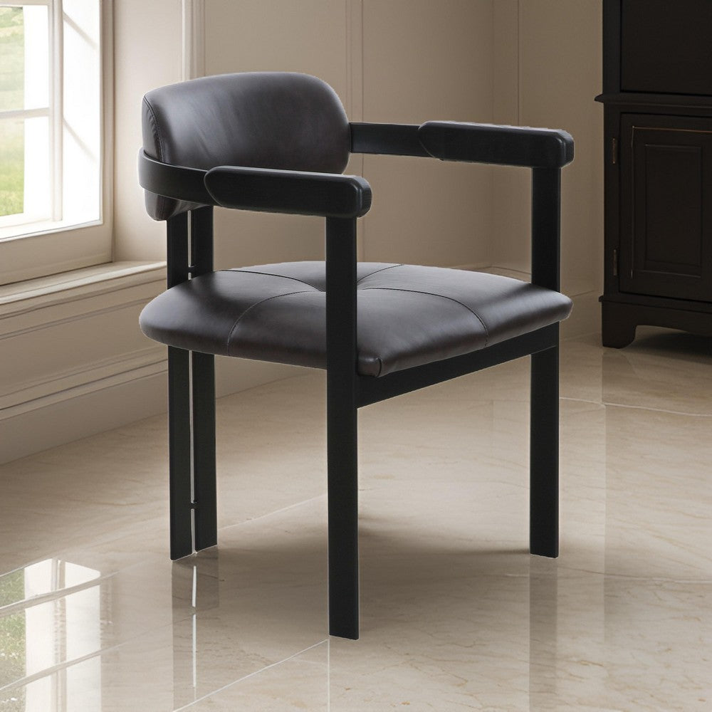 Benjara Anta Dining Chair, Black Iron Slats Back, Dark Brown Genuine Leather