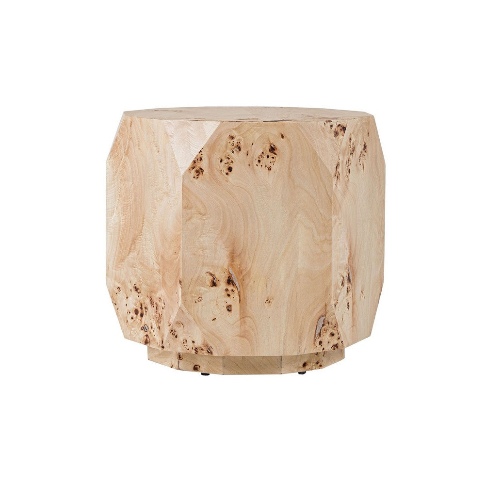 Benjara Cid Hy 22 Inch Side End Table, Burl Wood Veneer Drum, Natural Brown