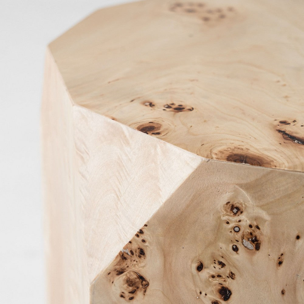 Benjara Cid Hy 22 Inch Side End Table, Burl Wood Veneer Drum, Natural Brown