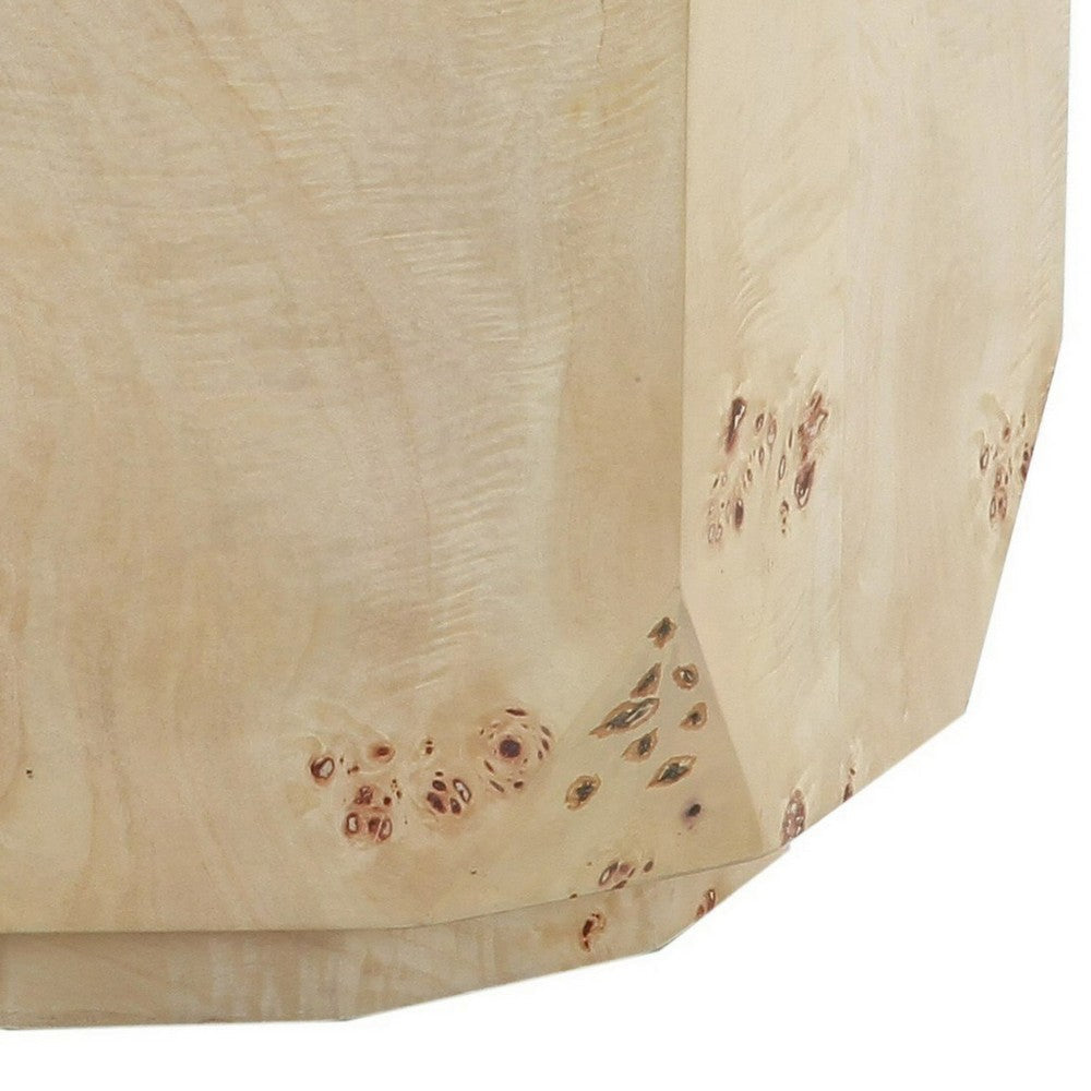 Benjara Cid Hy 22 Inch Side End Table, Burl Wood Veneer Drum, Natural Brown