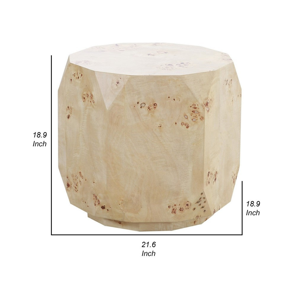 Benjara Cid Hy 22 Inch Side End Table, Burl Wood Veneer Drum, Natural Brown