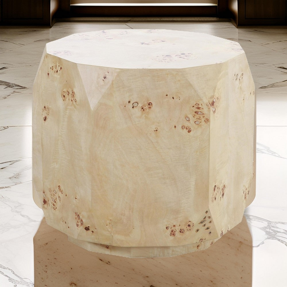 Benjara Cid Hy 22 Inch Side End Table, Burl Wood Veneer Drum, Natural Brown