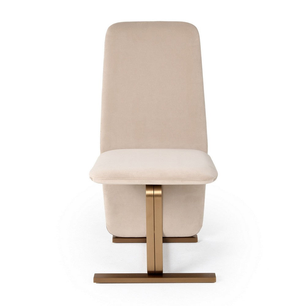 Benjara Cid Jim 19 Inch Dining Chair Set of 2, Beige Velvet Fabric, Brushed Brass